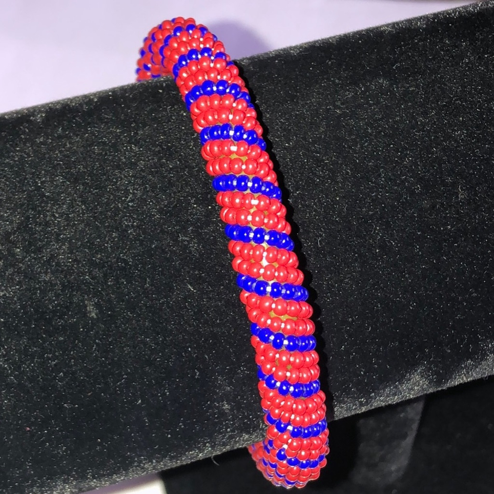 Red Blue Seed Bead Boho Beaded Bangle Bracelet
